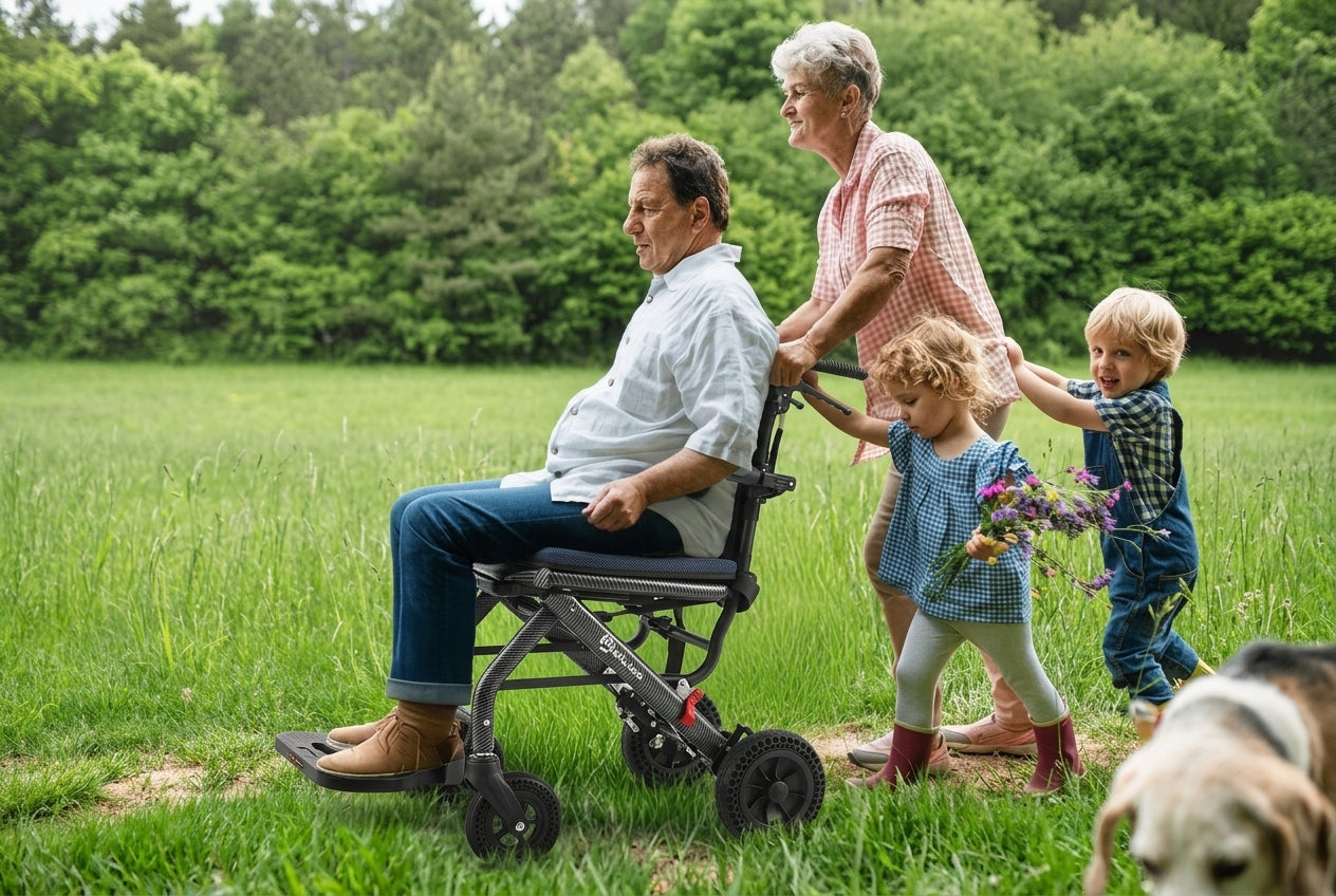 Older adult using a rollator walker during a family outdoor outing to maintain independence