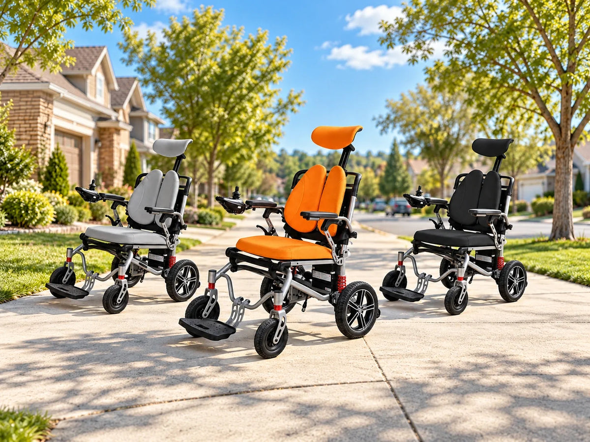 WHLICKS wheelchairs and rollator walkers arranged in a community park, including an orange reclining electric wheelchair.