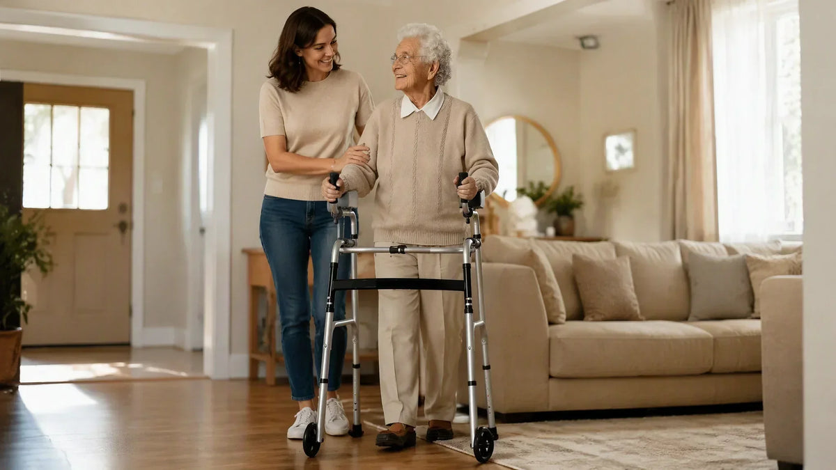 Elderly parent moving into a safe family home with caregiver support and mobility assistance