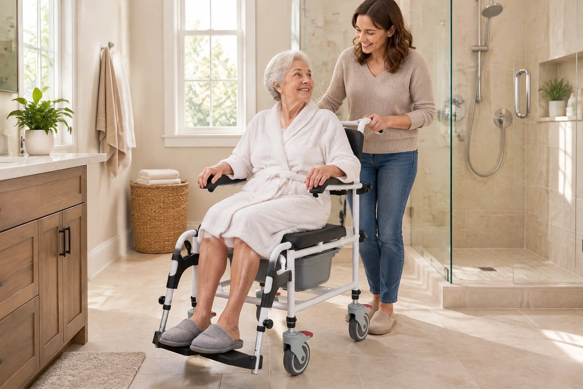 Older woman seated in a shower commode wheelchair with her daughter beside her in a home bathroom.
