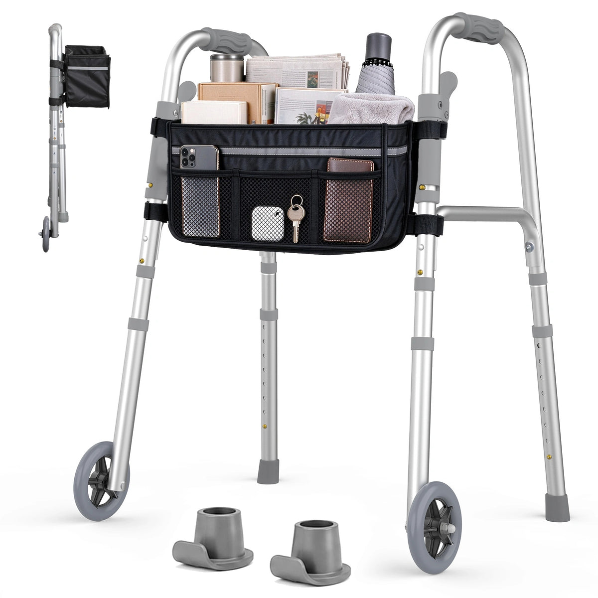 Folding Walkers for Seniors with Storage Bag & Rear Ski Glides