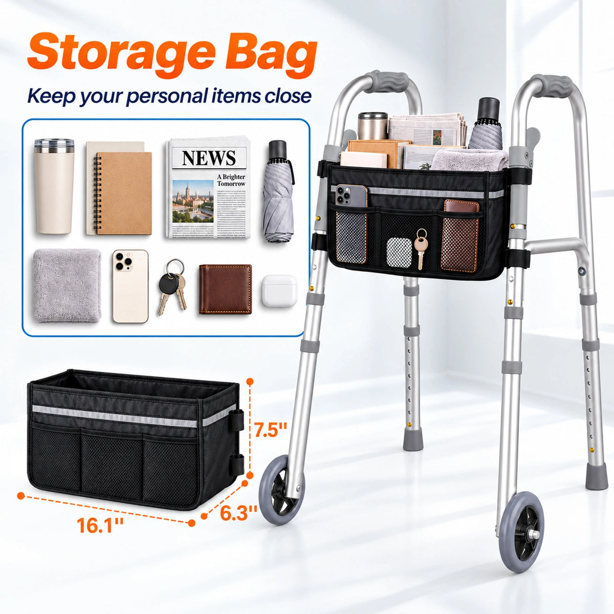 Folding Walkers for Seniors with Storage Bag & Rear Ski Glides