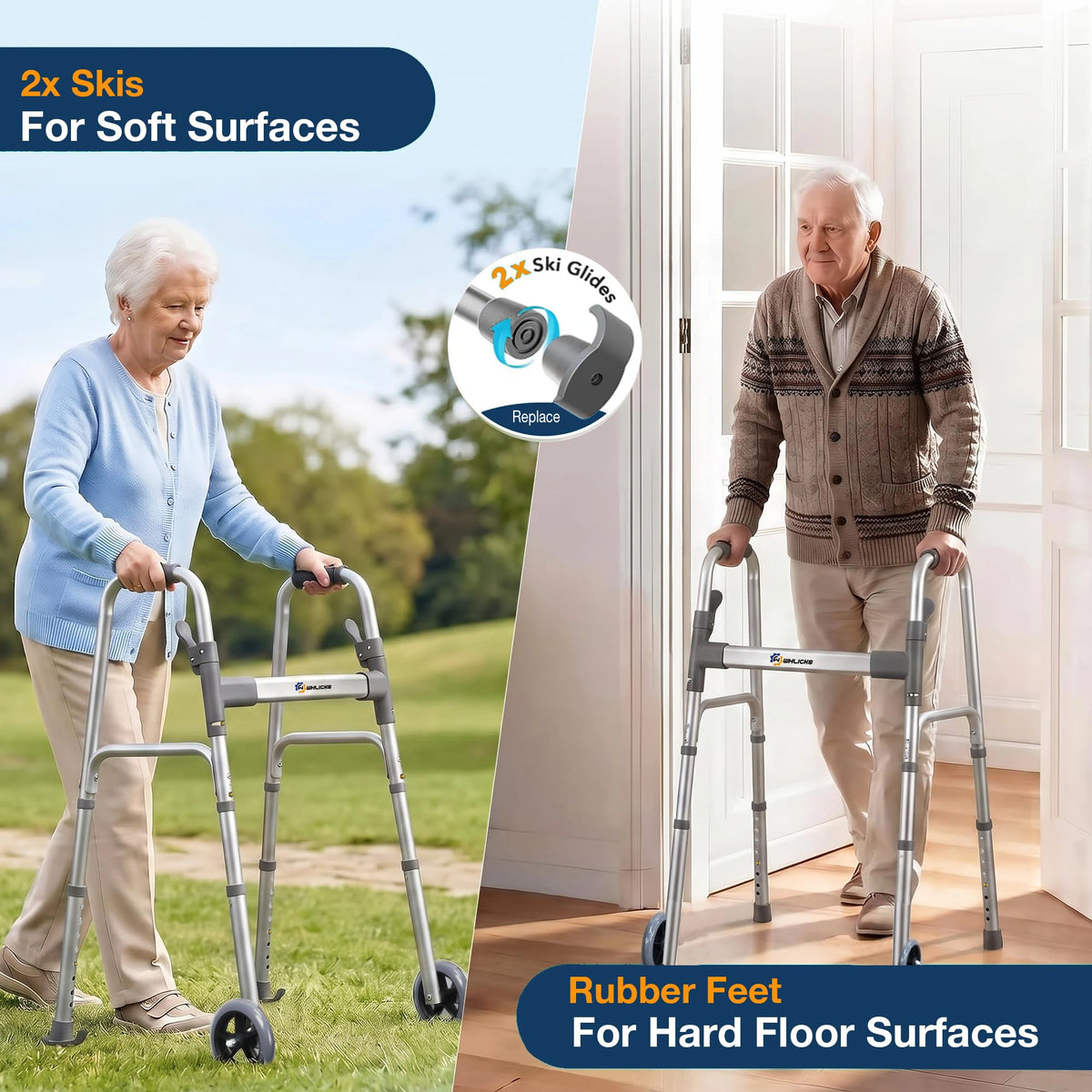 Folding Walkers for Seniors with Storage Bag & Rear Ski Glides