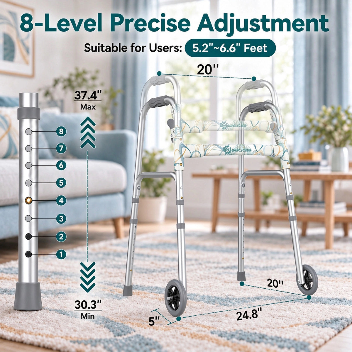 Lightweight 2-Wheel Folding Walker with 300 lb Capacity