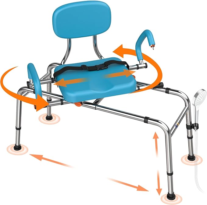 Sliding Shower Chair with 360° Swivel Seat, Adjustable Tub Transfer Bench for Elderly
