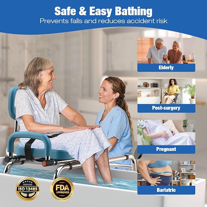 Sliding Shower Chair with 360° Swivel Seat, Adjustable Tub Transfer Bench for Elderly