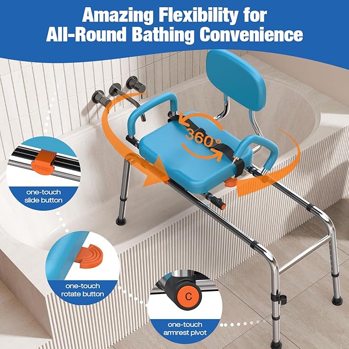 Sliding Shower Chair with 360° Swivel Seat, Adjustable Tub Transfer Bench for Elderly