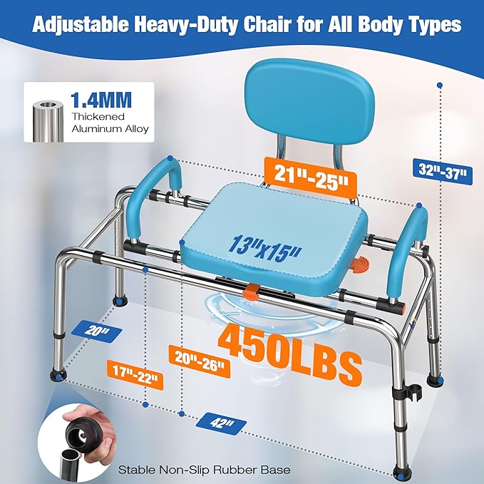 Sliding Shower Chair with 360° Swivel Seat, Adjustable Tub Transfer Bench for Elderly