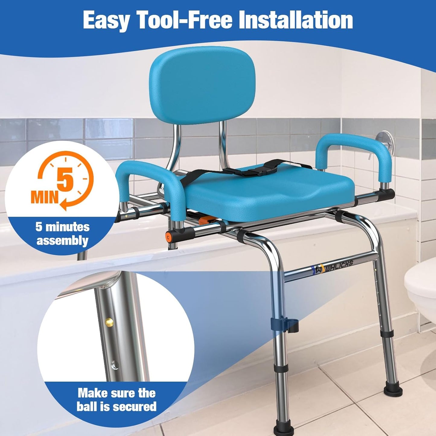 Sliding Shower Chair with 360° Swivel Seat, Adjustable Tub Transfer Bench for Elderly