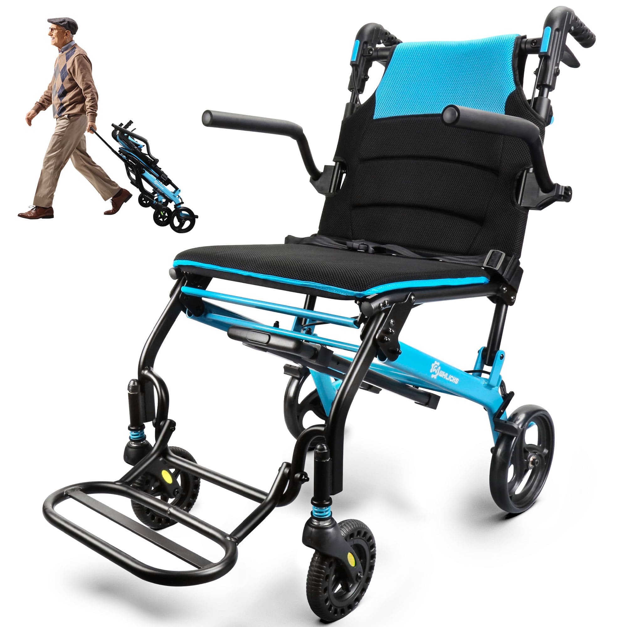 WHLICKS foldable transport wheelchair in blue and black, with a smaller image demonstrating compact foldability for travel and easy transport.
