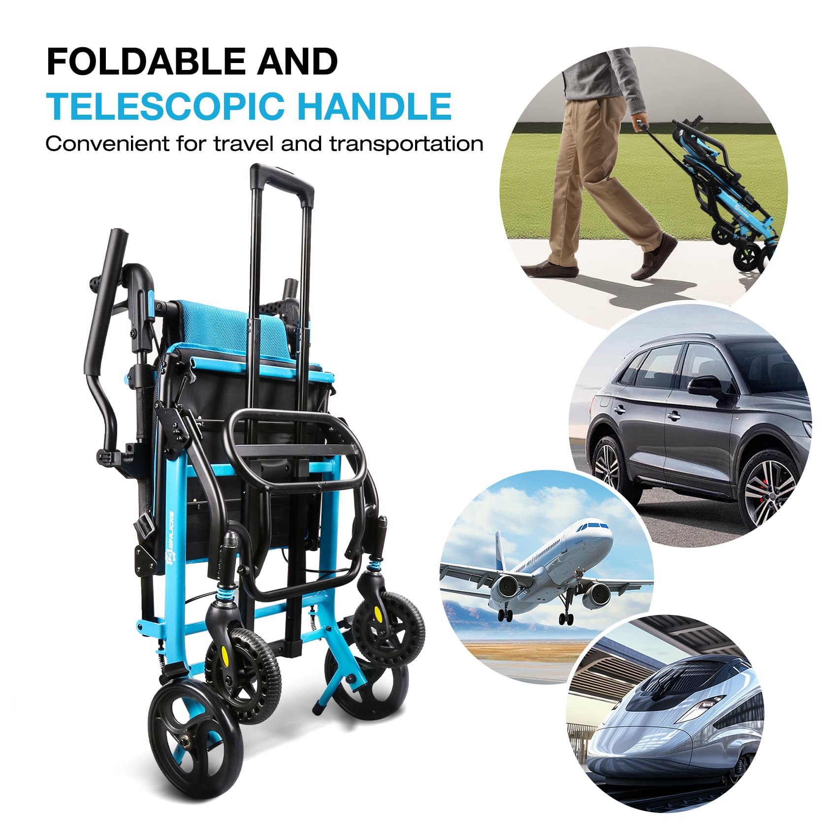 Foldable and telescopic handle cart with images of travel scenarios.