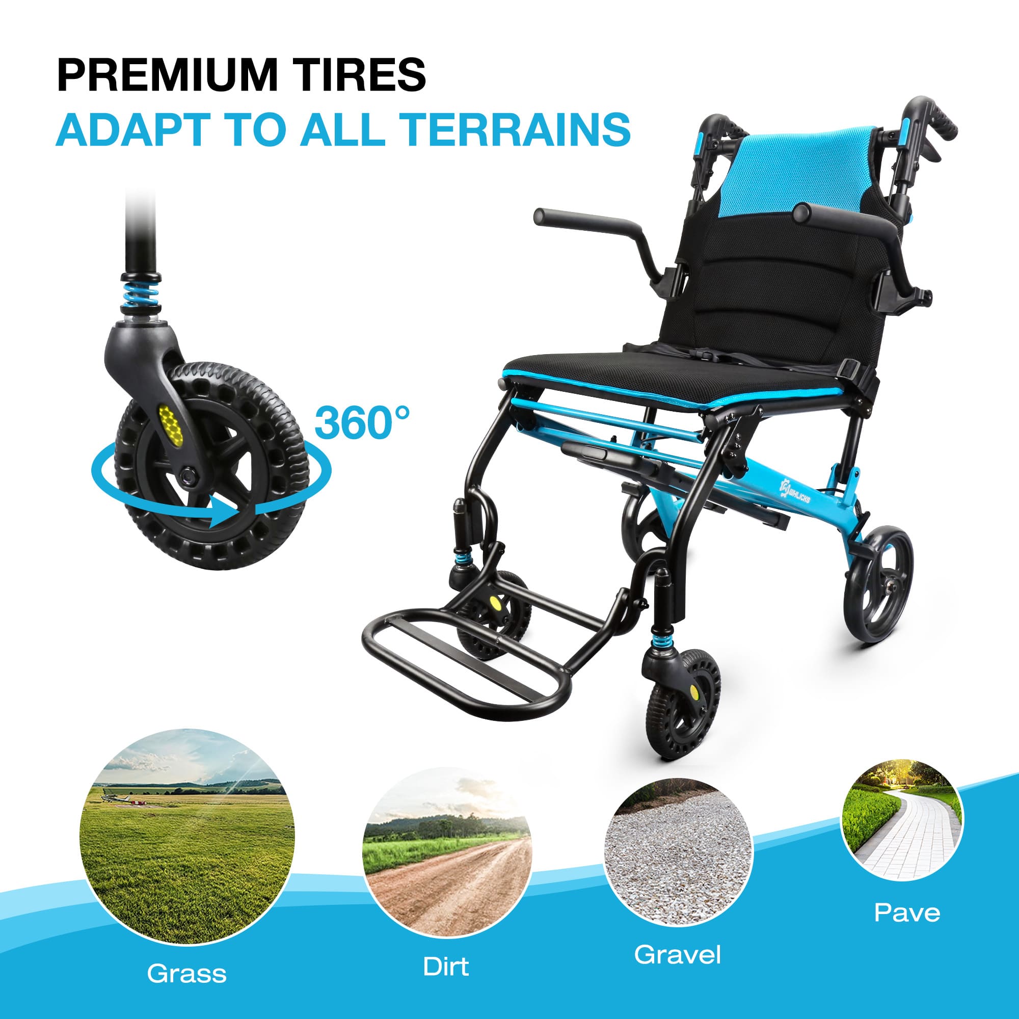 Blue and black wheelchair with premium tires on a white background