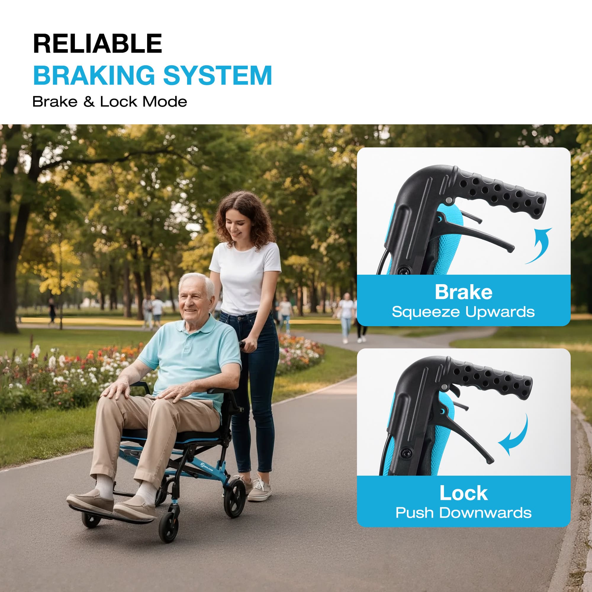 Woman pushing an elderly man in a whlicks wheelchair with text about reliable braking system.