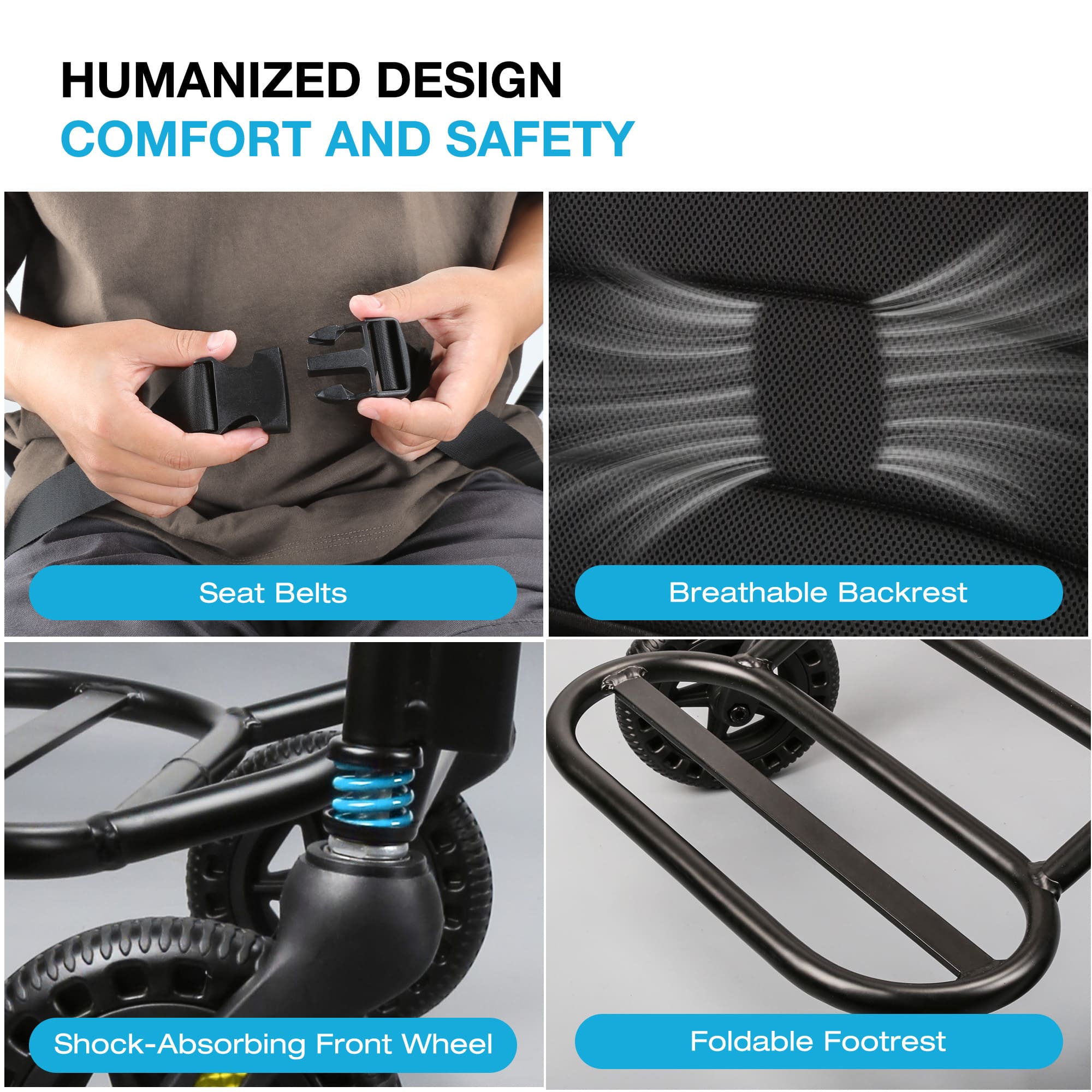 Collage of wheelchair features including seat belts, breathable backrest, shock-absorbing front wheel, and foldable footrest.