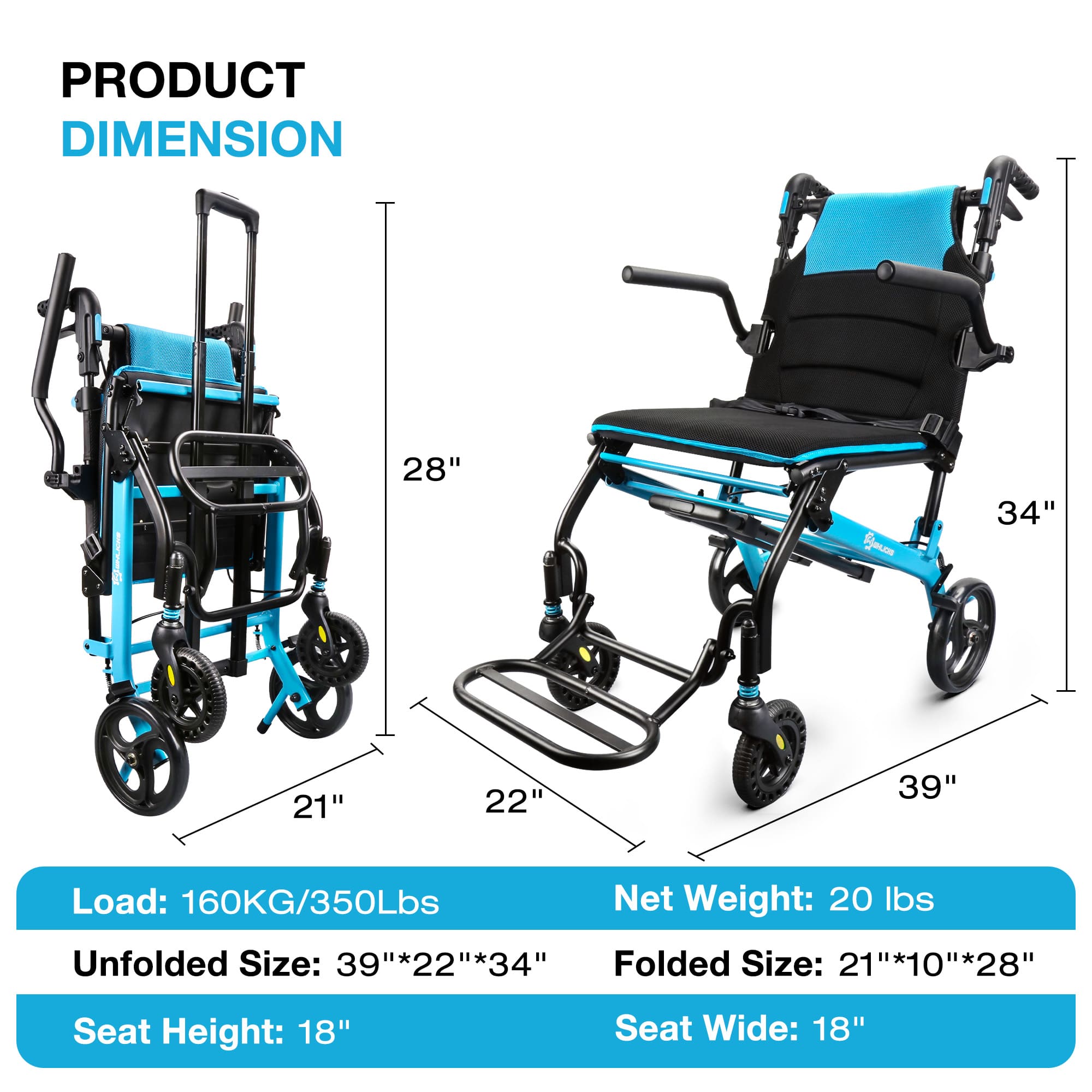 WHLICKS foldable transport wheelchair with full dimensions and specifications on a white background, highlighting portability and key features.