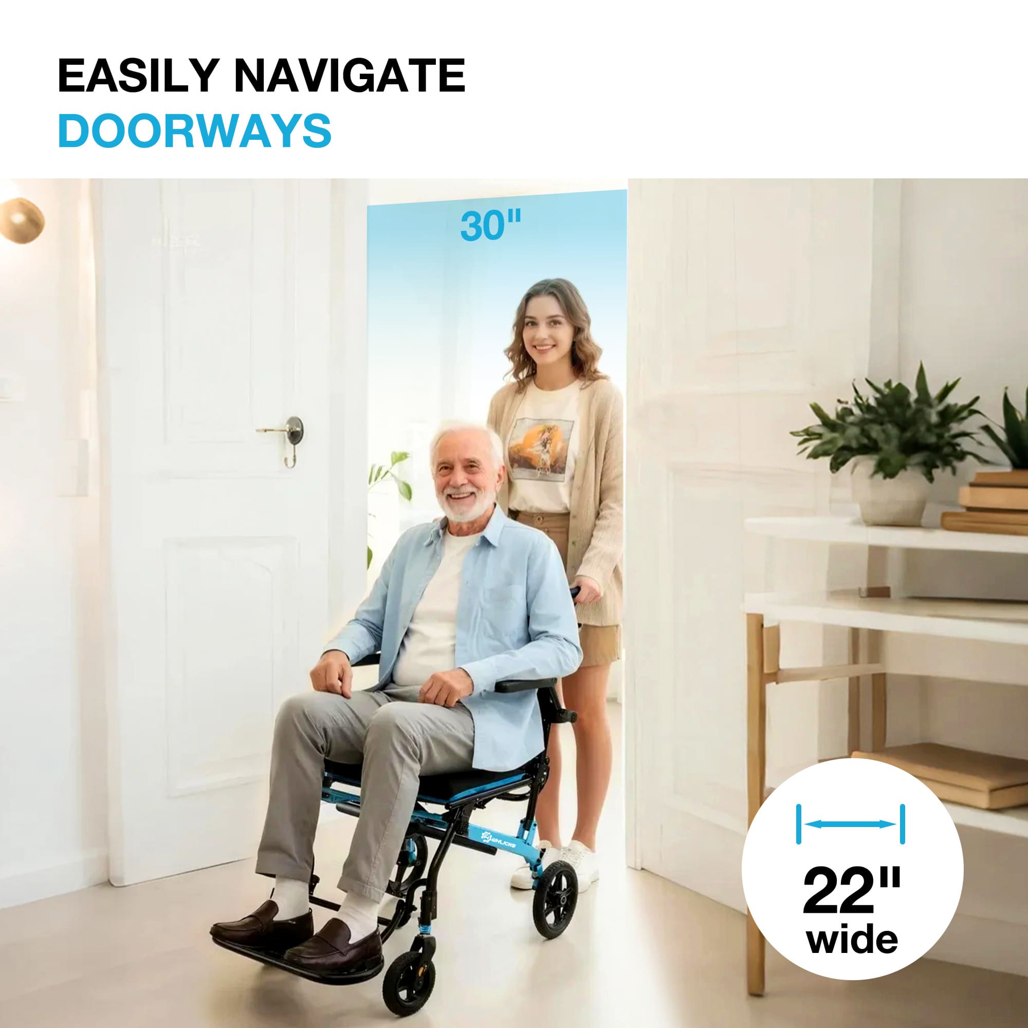 Senior man using a WHLICKS wheelchair with assistance, navigating a doorway safely, highlighting support for elderly and mobility-limited users.