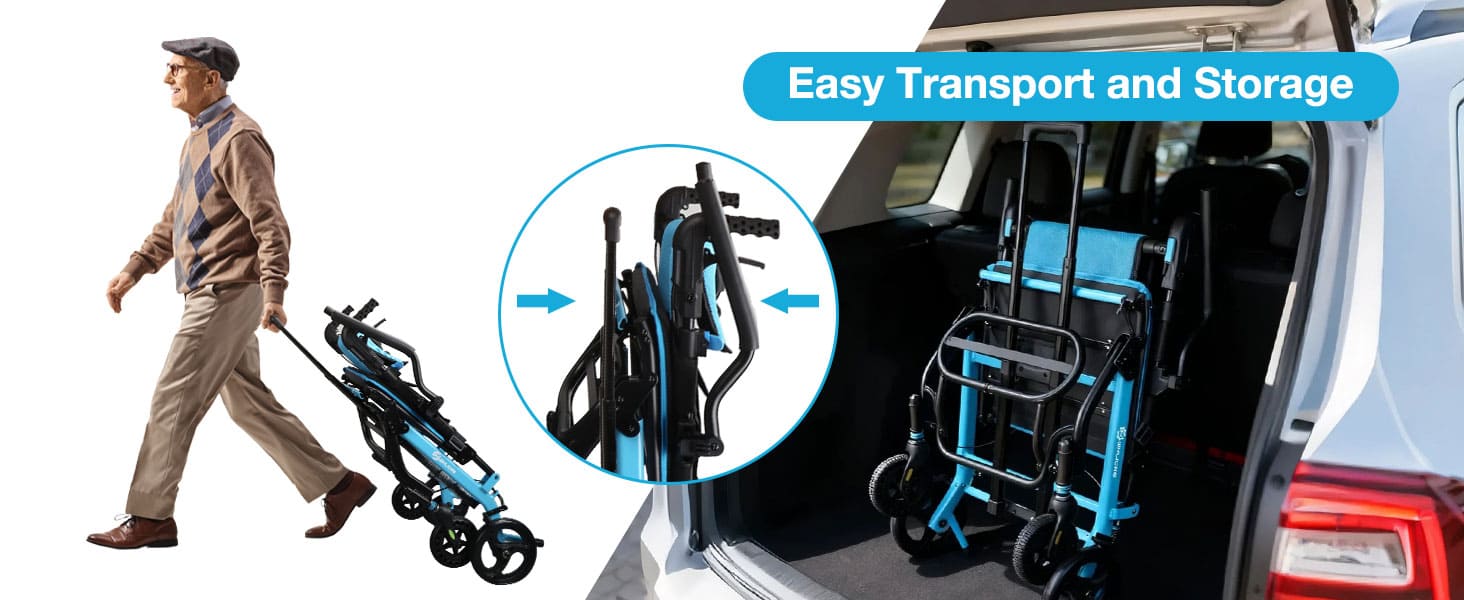 Man walking with a folded stroller, showing ease of transport and storage.