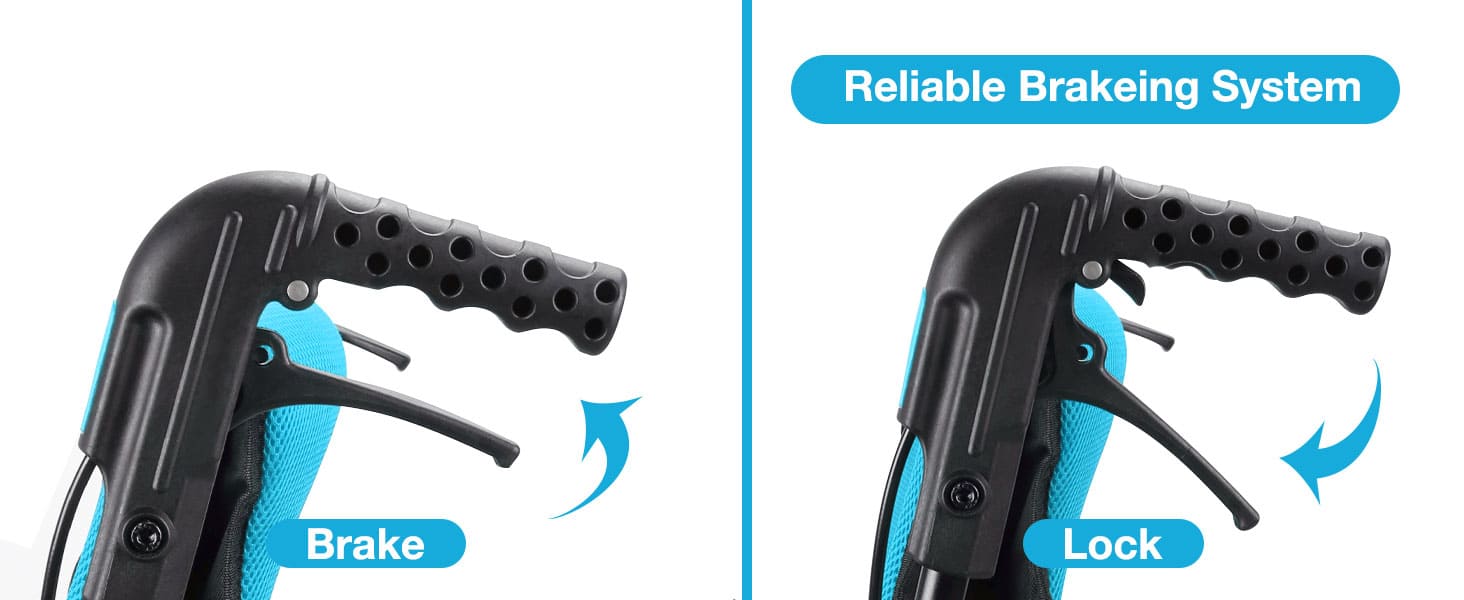 WHLICKS wheelchair brake system with labeled 'Brake' and 'Lock' handles, ensuring safe and reliable control for users.