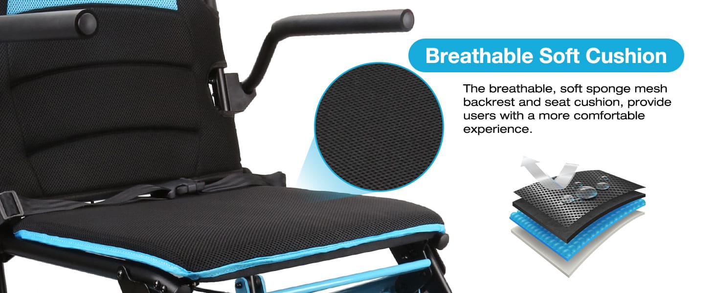 Wheelchair with breathable soft cushioning, highlighting comfort features.
