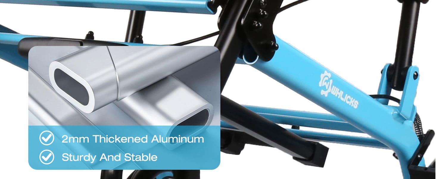 Blue Wheelchair frame with highlighted 2mm thickened aluminum and stability features.
