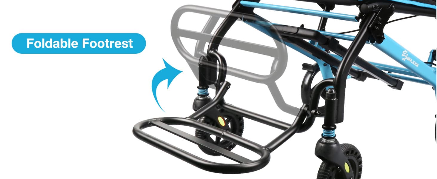 Foldable footrest on a Whlicks Wheelchair with a blue label indicating 'Foldable Footrest'.