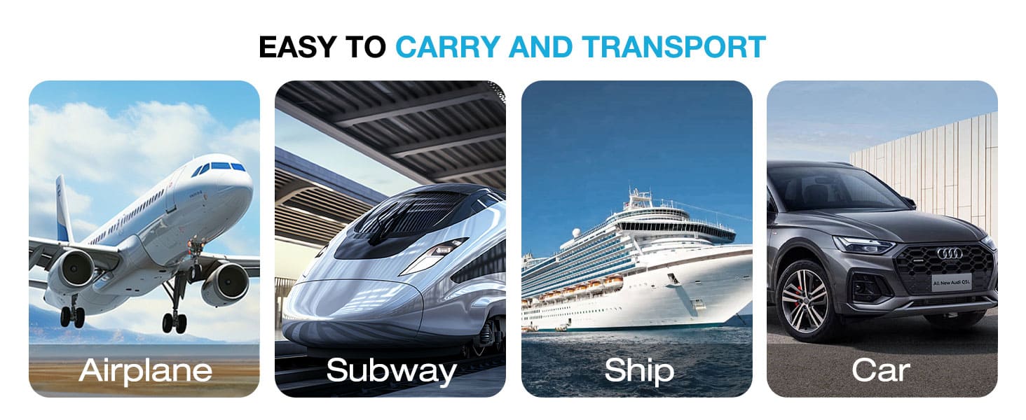 Four transportation modes (airplane, subway, ship, car) with text 'Easy to carry and transport' above them.