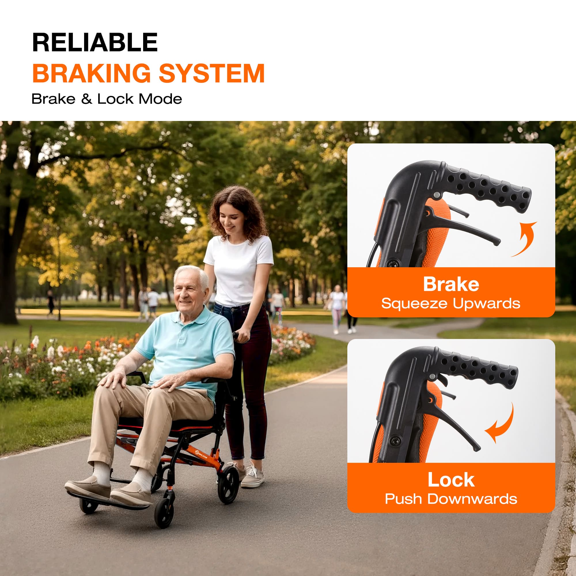 Person using a wheelchair with a woman pushing them, set against a park background#color_orange