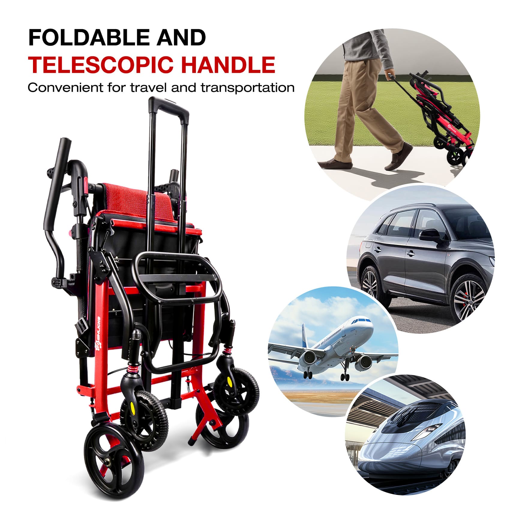 Foldable and telescopic handle cart with images of travel scenarios#color_red