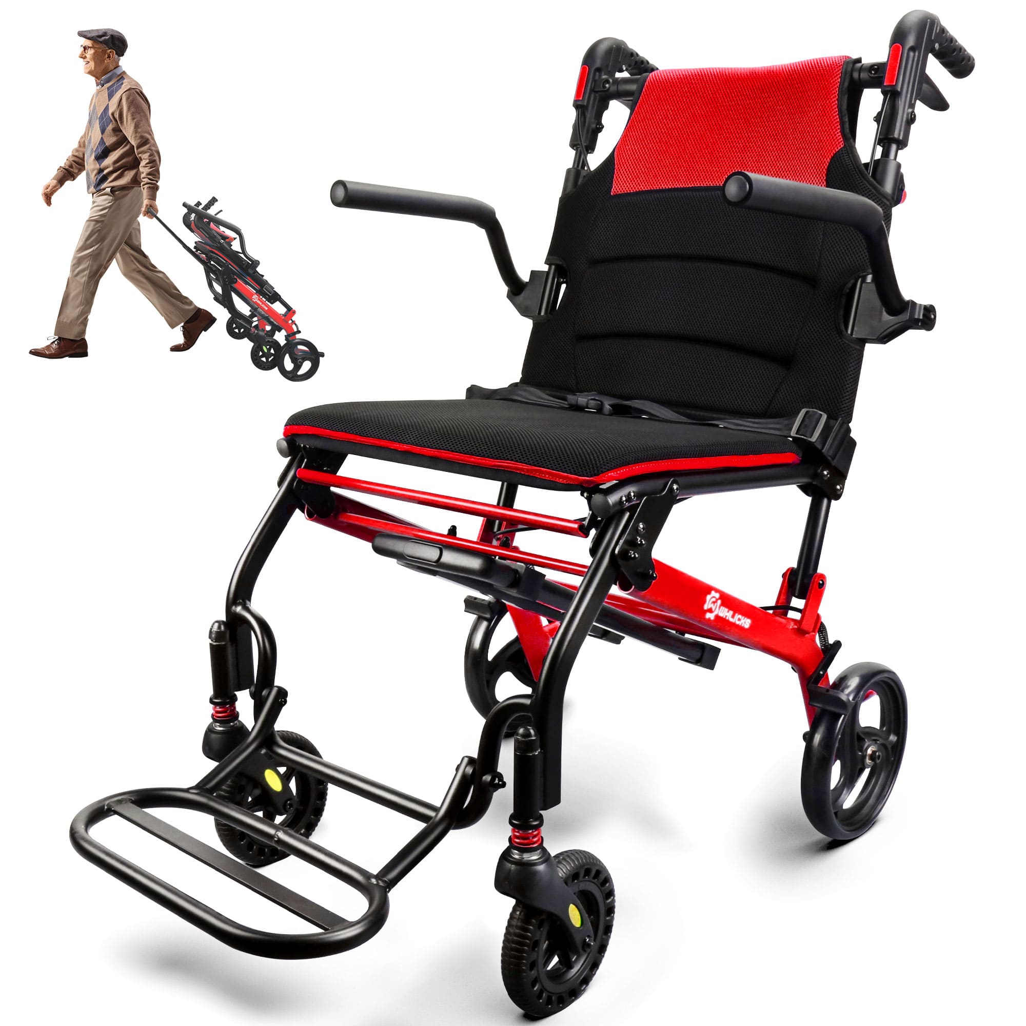 Red and black wheelchair with a man pushing a stroller in the corner on a white background