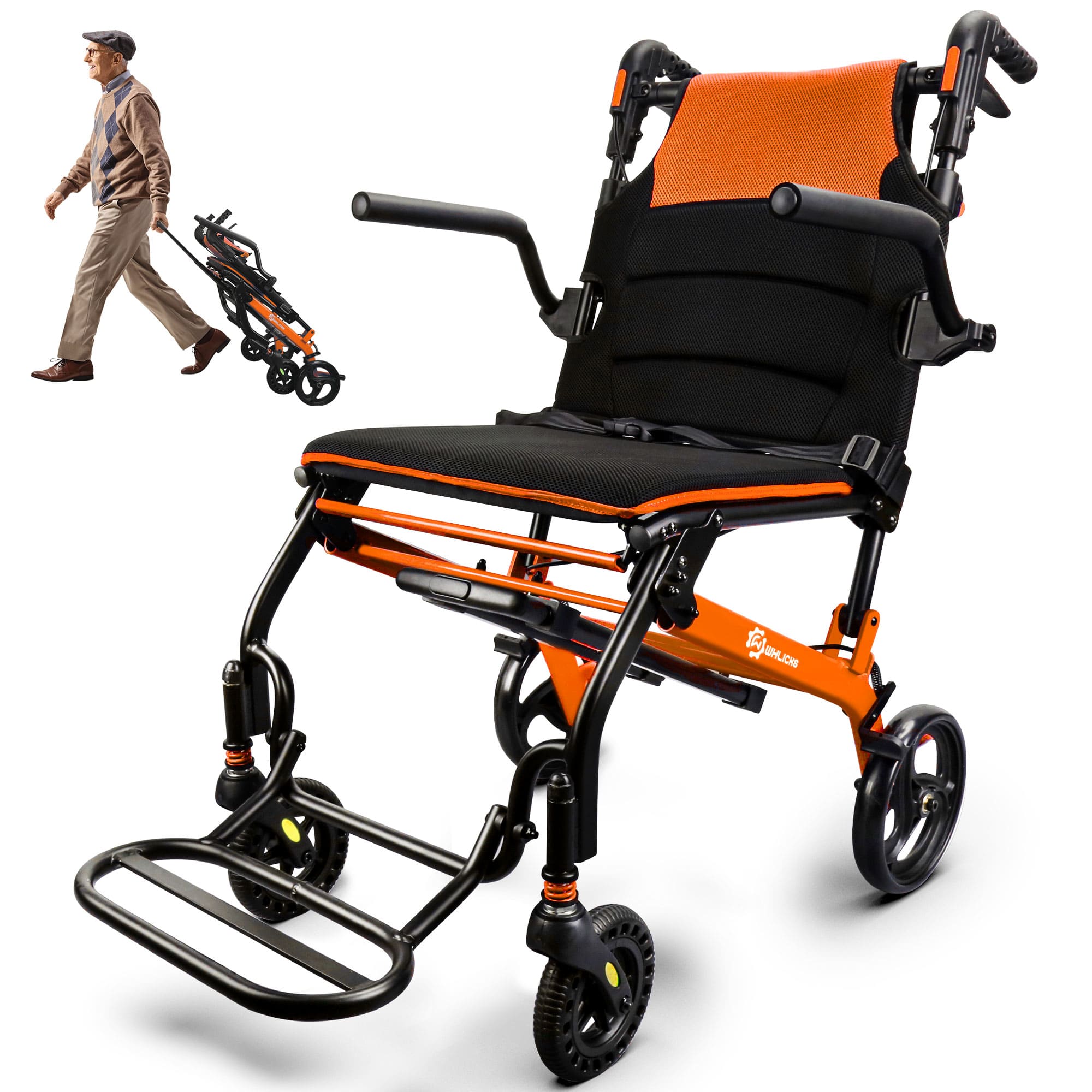 Orange and black folding wheelchair with a smaller version of the same wheelchair in the corner.
