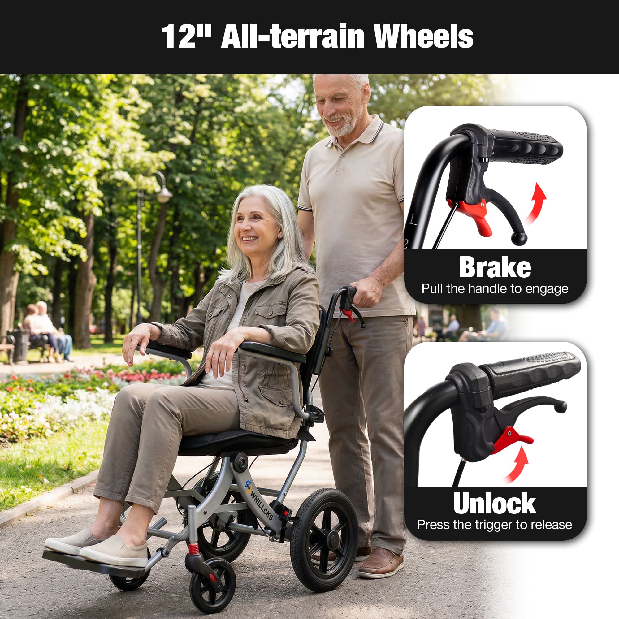 A04S Foldable Wheelchair – Ergonomic Travel Chair with 12″ All-Terrain Wheels