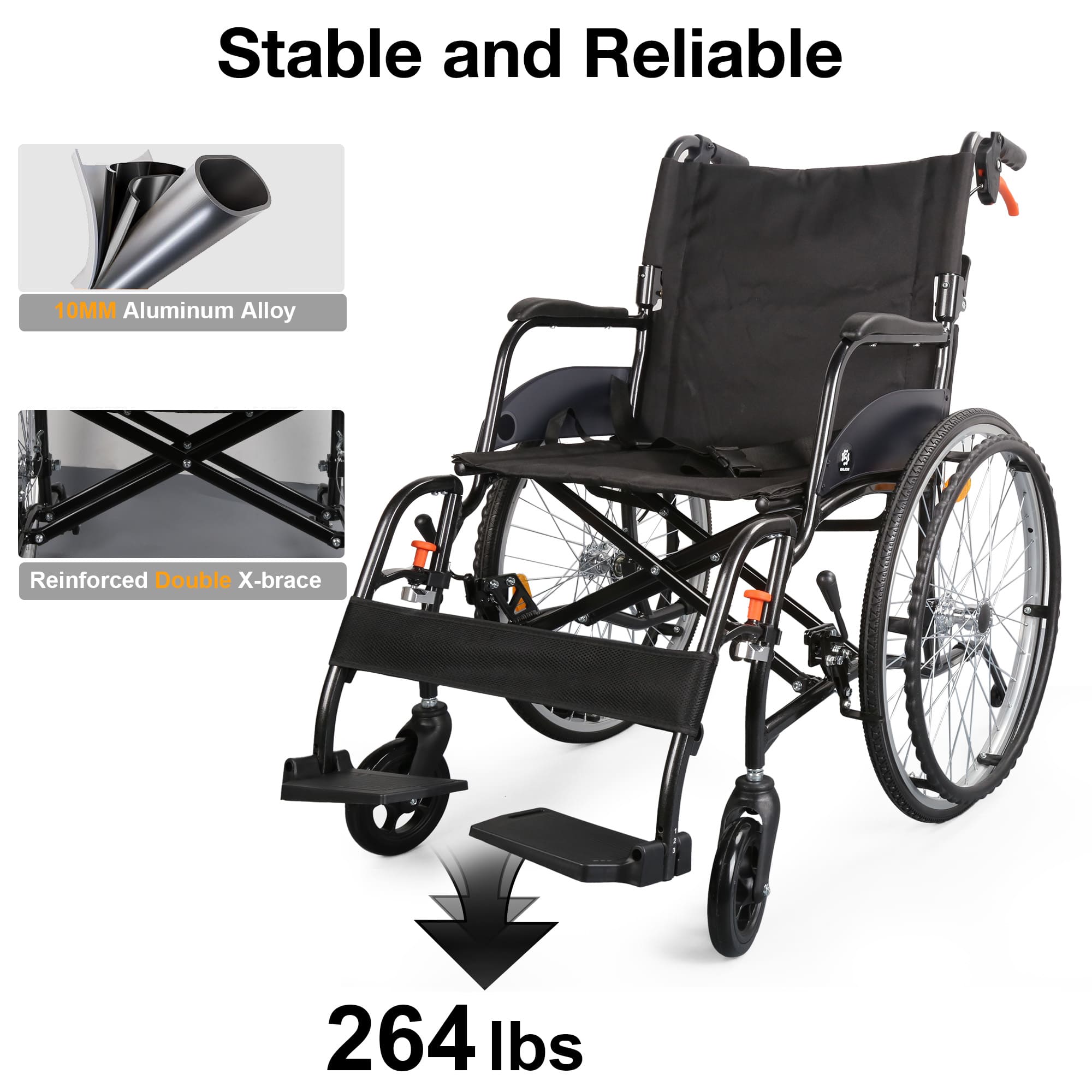 Black wheelchair with highlighted features and weight capacity#color_black
