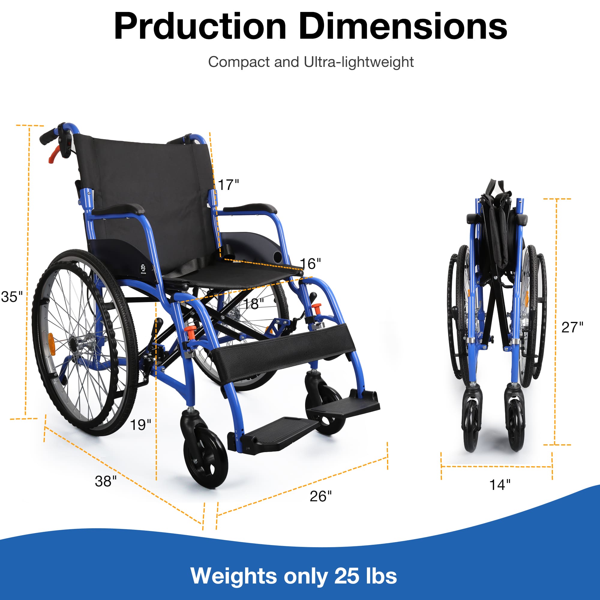 Wheelchair with dimensions labeled on a white background#color_blue