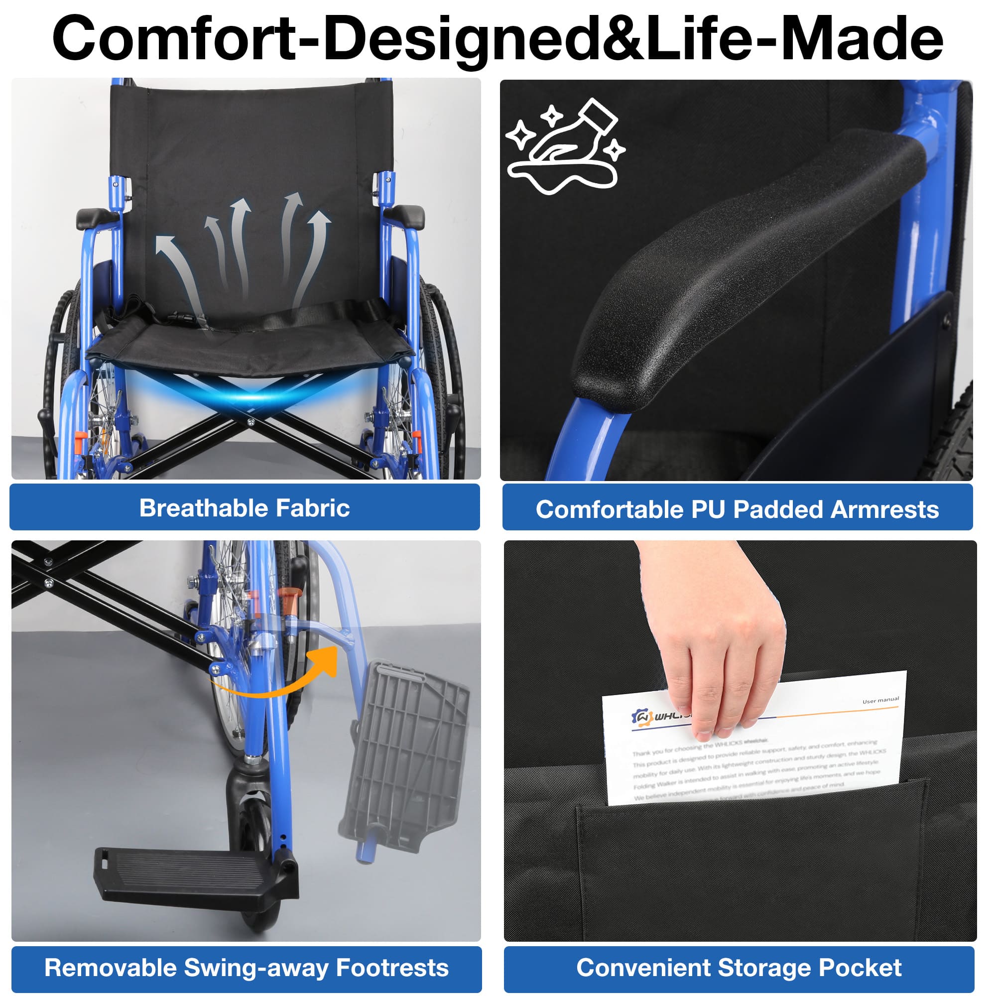 a wheelchair with features highlighted, including breathable fabric, comfortable armrests, removable footrests#color_blue