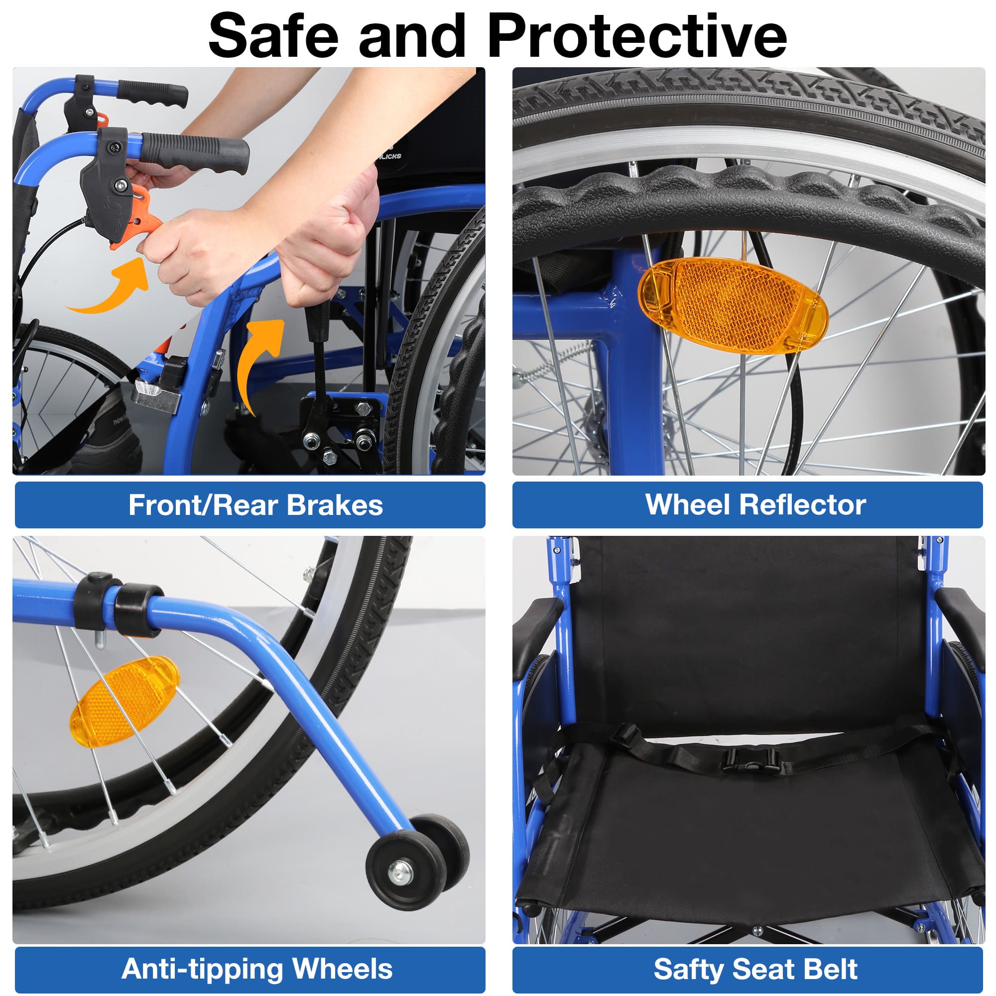 Collage of wheelchair features including front/rear brakes, wheel reflector, anti-tipping wheels, and safety seat belt#color_blue