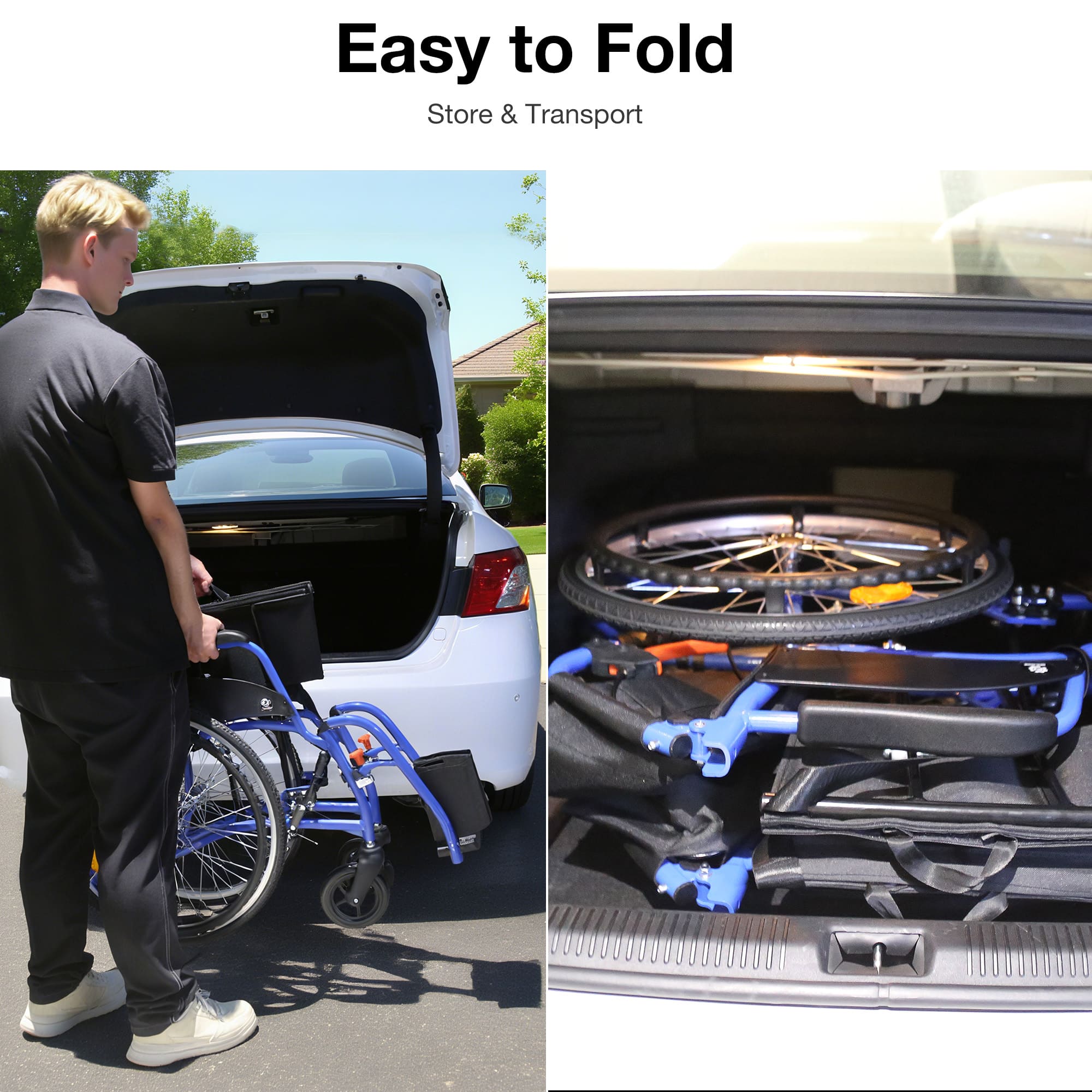 Person folding a wheelchair and placing it into a car trunk#color_blue