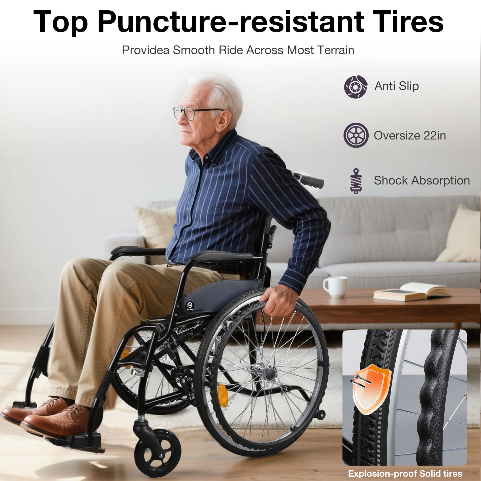 Man in wheelchair with puncture-resistant tires indoors#color_gray