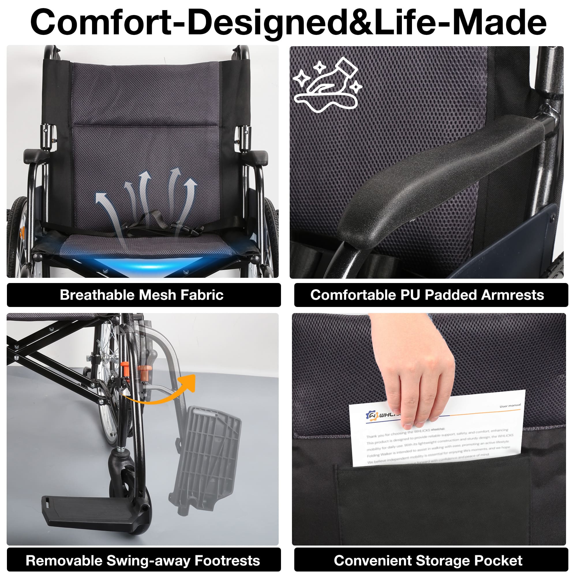 Collage of wheelchair features with text highlighting comfort and design#color_gray