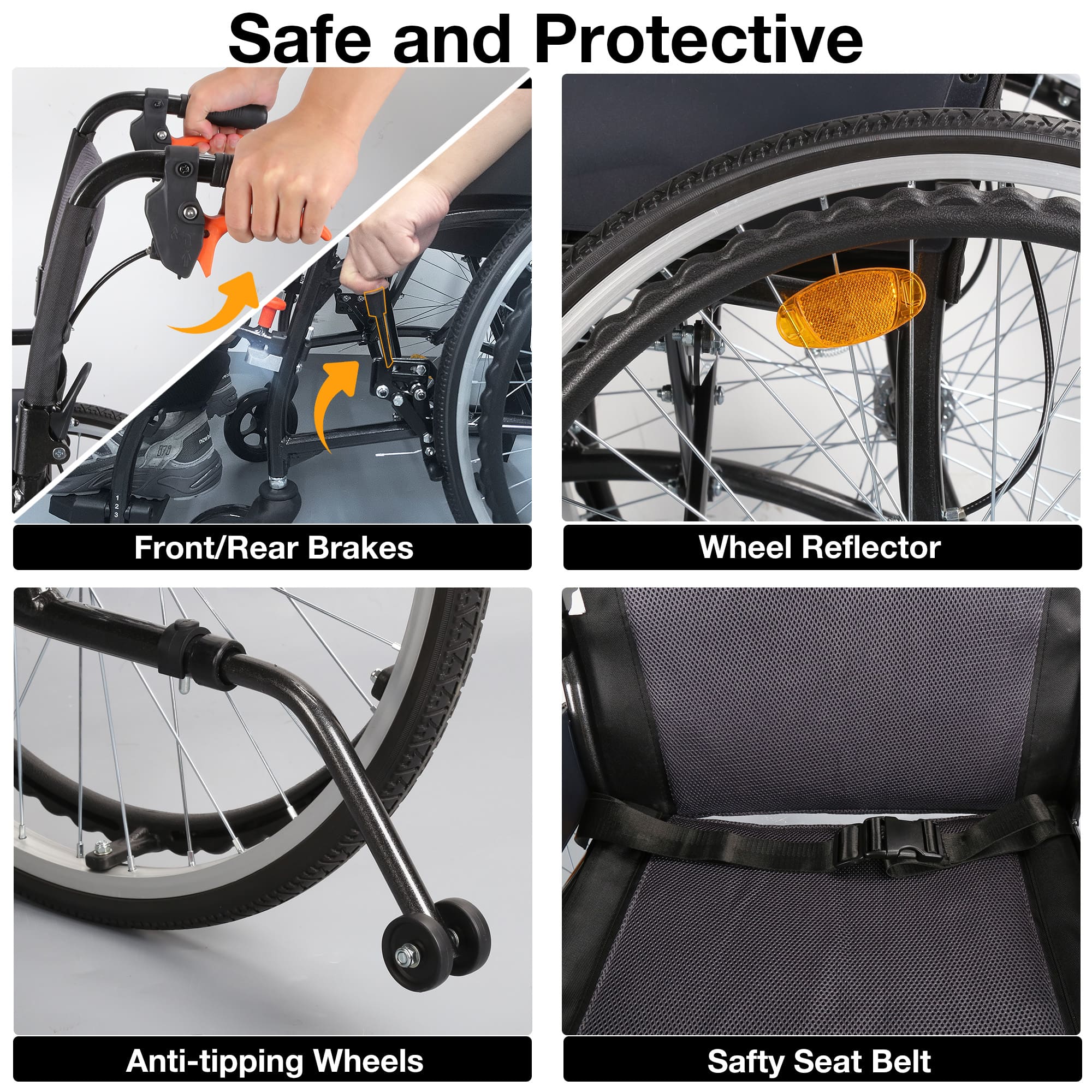 Bicycle safety features including front/rear brakes, wheel reflector#color_gray