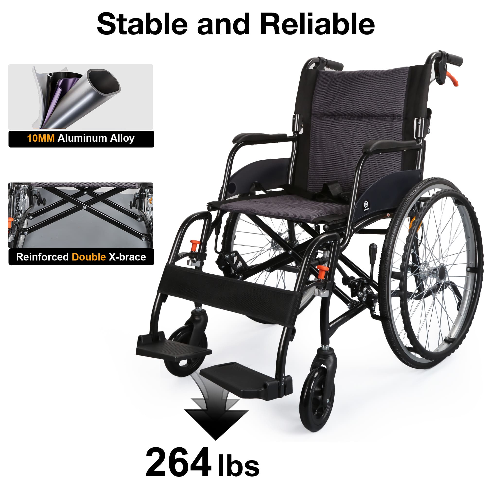 Black wheelchair with highlighted features on a white background#color_gray