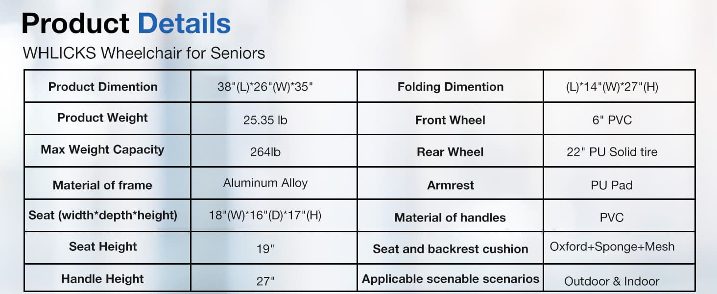 Product details table for WHLICKS Wheelchair for Seniors on a white background