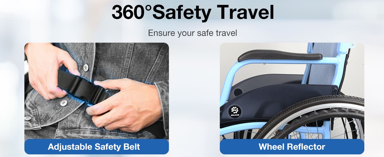 Promotional image for safety travel products including an adjustable safety belt and wheel reflector on a wheelchair.