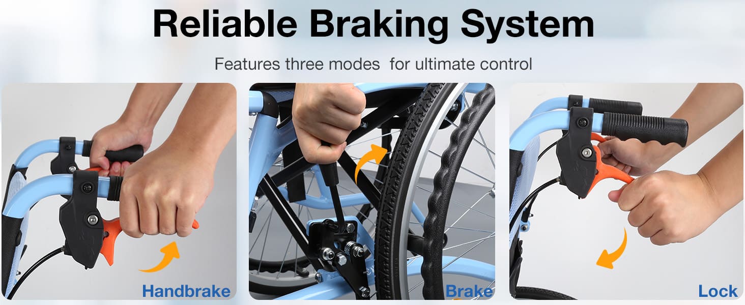 Wheelchair braking system with handbrake, brake lever, and lock mechanism on a gray background.