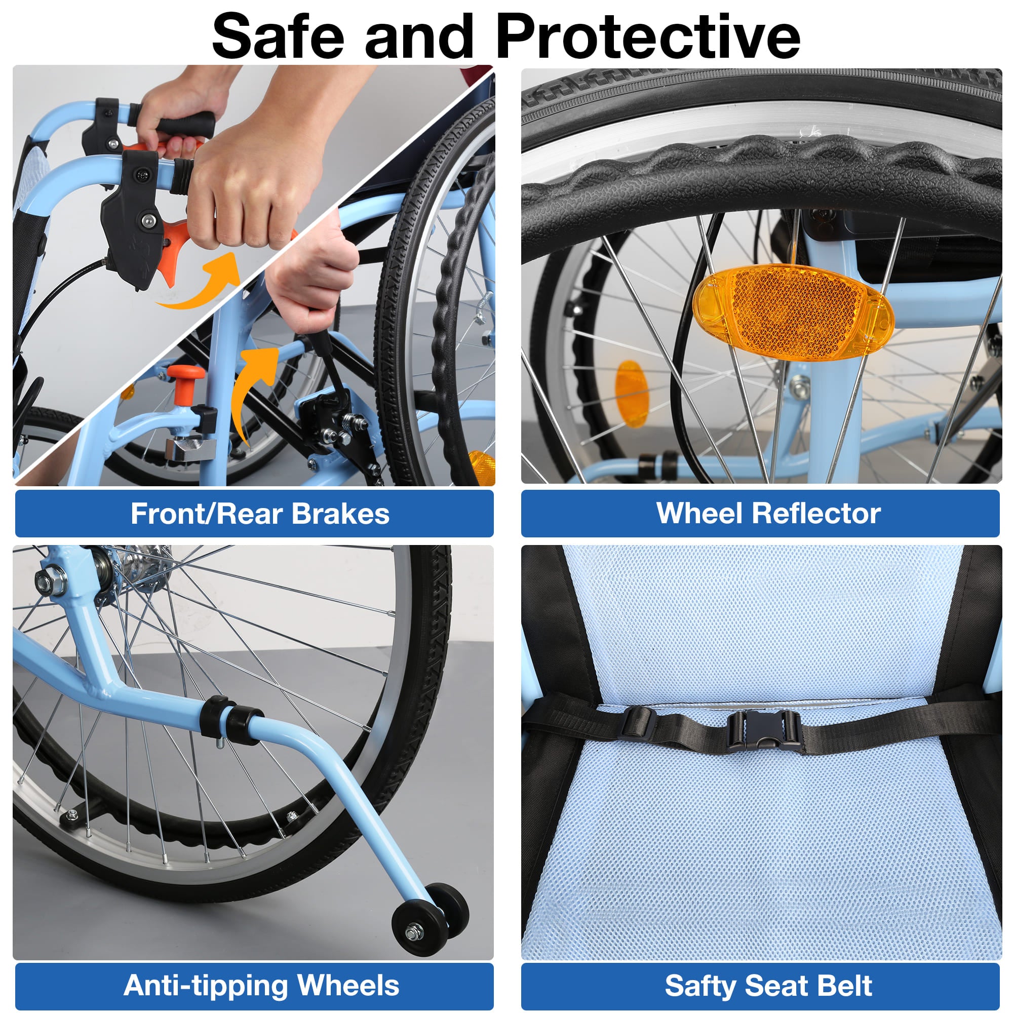 Whlicks wheelchair safety features including brakes, reflector, wheels, seat belt, and anti-tipping wheels.