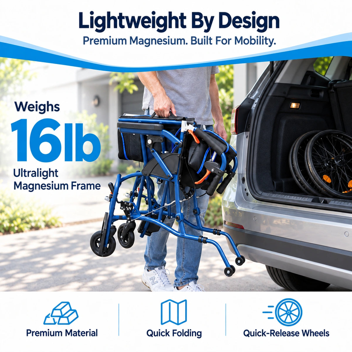Magnesium Folding Wheelchairs for Adults, 24lb Ultra Lightweight Wheelchair