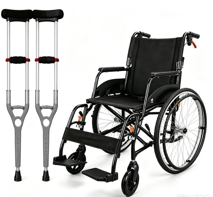 Folding Manual Wheelchair & Adjustable Underarm Crutches Bundle