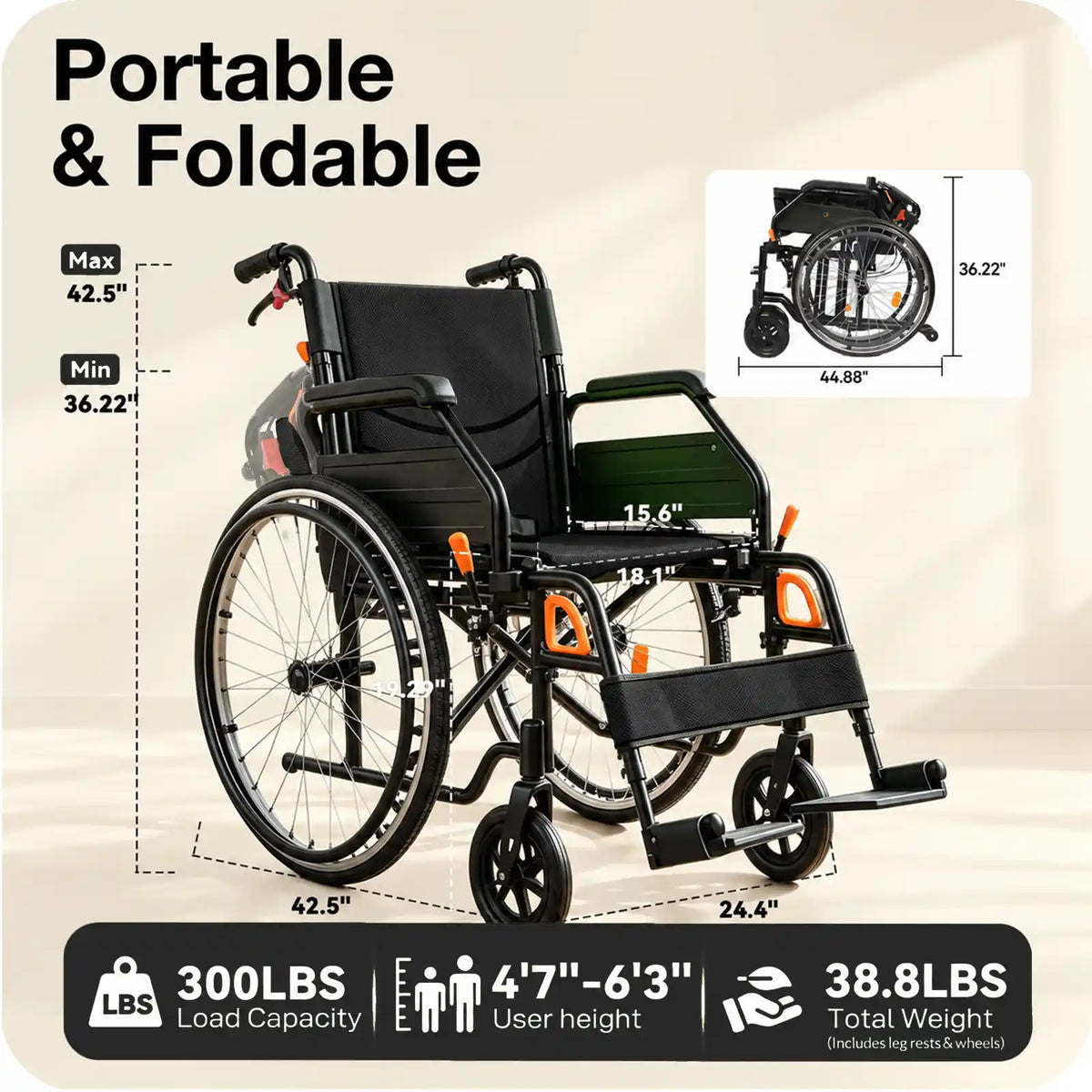Manual Wheelchair for Adults with Quick-Release 24" Rear Wheels