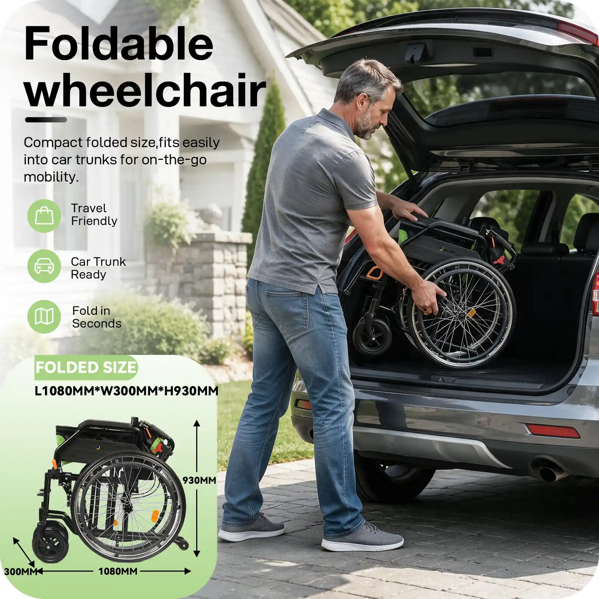 Manual Wheelchair for Adults with Quick-Release 24" Rear Wheels