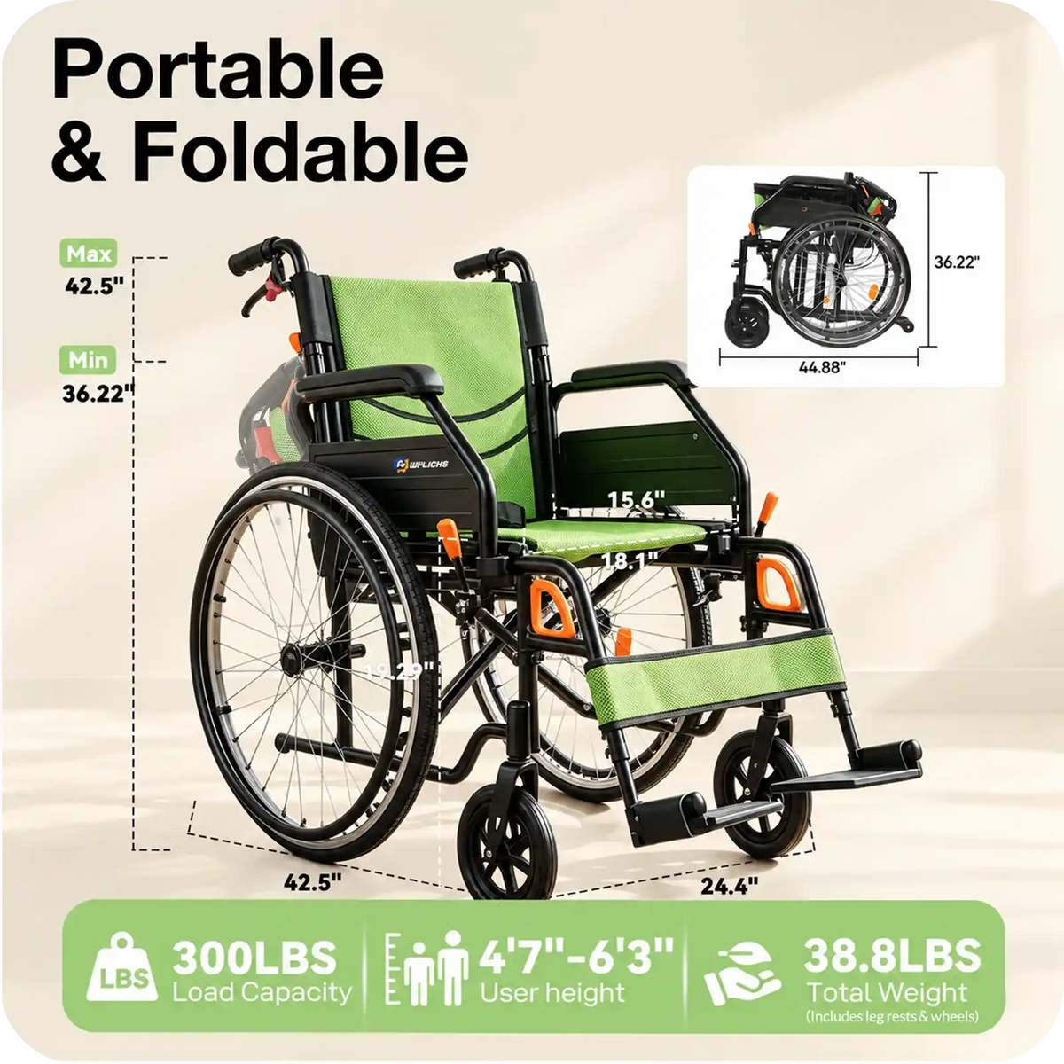 Manual Wheelchair for Adults with Quick-Release 24" Rear Wheels