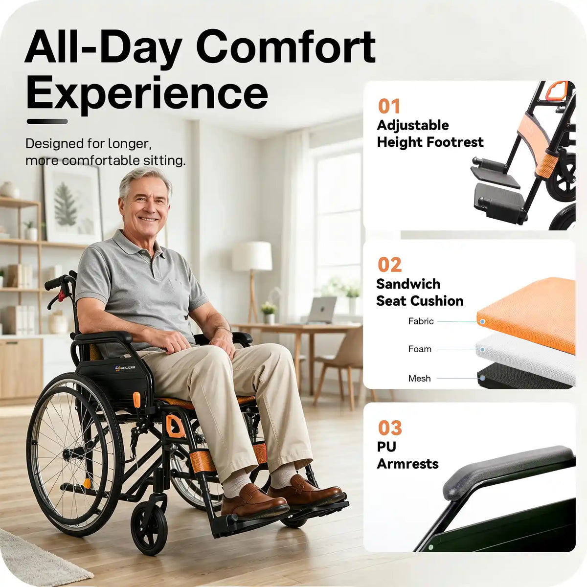 Manual Wheelchair for Adults with Quick-Release 24" Rear Wheels